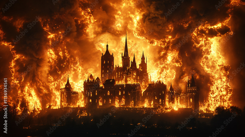 Fototapeta premium An immense castle engulfed in flames, lighting up the night sky as smoke and embers rise in curling patterns.