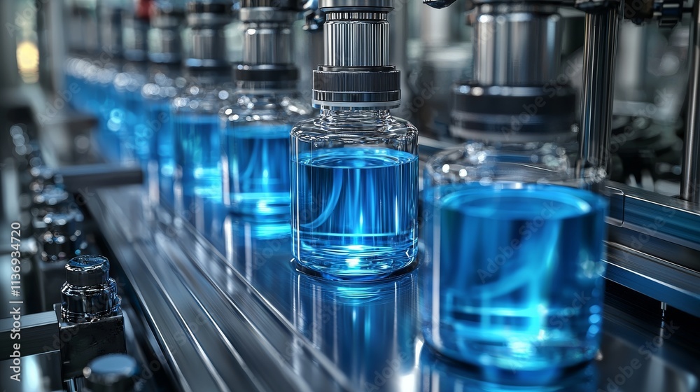 A 3D rendering of a pharmaceutical manufacturing environment featuring glass bottles filled with clear liquid moving along an automatic conveyor belt, depicting a COVID-19 mRNA vaccine production A 3D rendering of a pharmaceutical manufacturing environment featuring glass bottles filled with clear liquid moving along an automatic conveyor belt, depicting a COVID-19 mRNA vaccine production