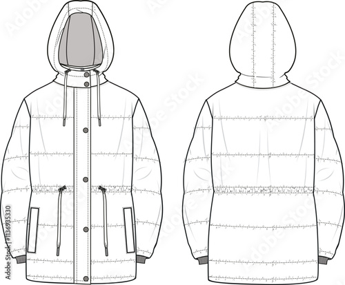 Unisex Hooded Puffer Jacket. Technical fashion illustration. Front and back, white colour. Unisex CAD mock-up.