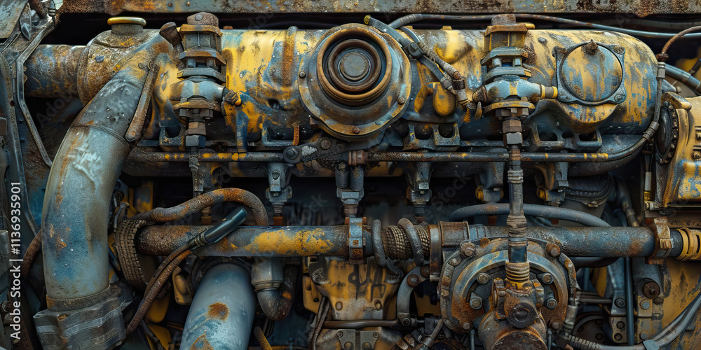 Close-up of Rusted Industrial Engine with Blue and Yellow Paint Close-up of Rusted Industrial Engine with Blue and Yellow Paint