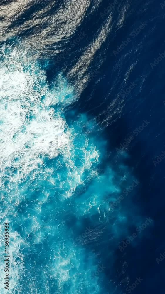 Waves crashing on a vibrant blue ocean surface create a stunning natural pattern in warm sunlight