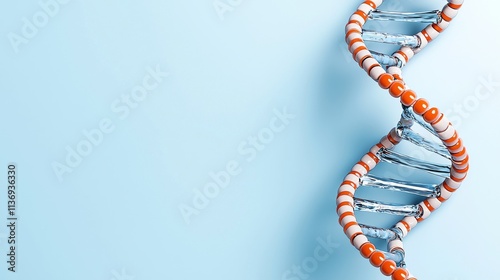 A 3D illustration of human DNA, featuring a glass helix that has broken and transformed into liquid, highlighting the change in nucleic acid molecules, displayed on a blue backdrop with copy space.