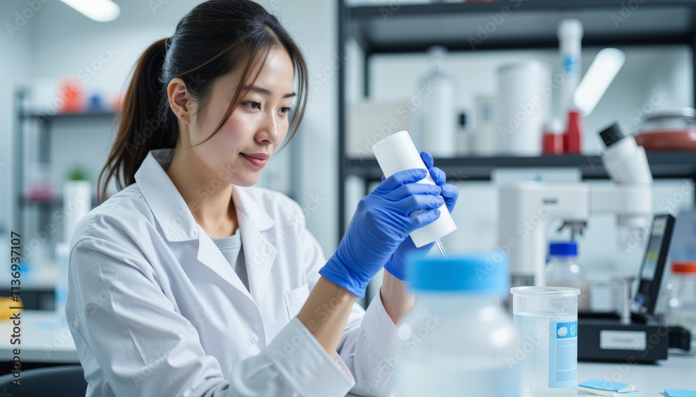 Scientist engaged in meticulous experiment in a modern laboratory with advanced equipment under bright overhead lights Scientist engaged in meticulous experiment in a modern laboratory with advanced equipment under bright overhead lights