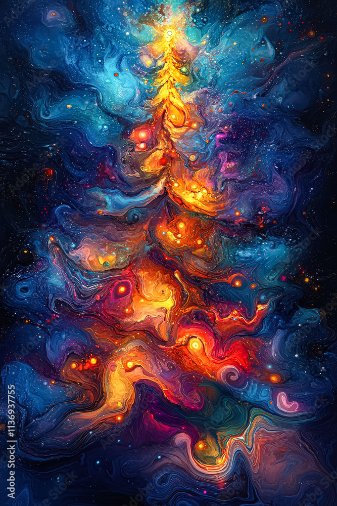 Fototapeta premium Colorful Christmas tree with a star on top.