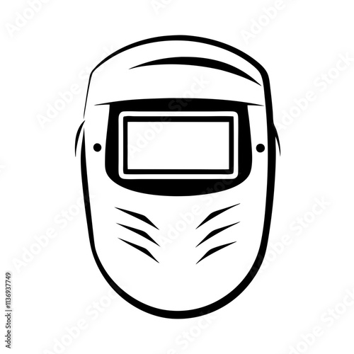 Welding helmet icon in black and white.  
