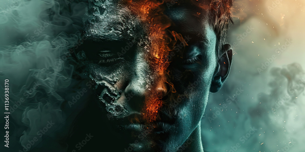 Digital Composite Image of a Man's Face, Divided by Fire and Stone Textures Digital Composite Image of a Man's Face, Divided by Fire and Stone Textures
