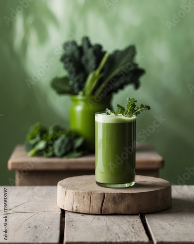 Refreshing green beverage bursting with nutrients sits on a rustic wooden table with vibrant green ingredients in the background photo