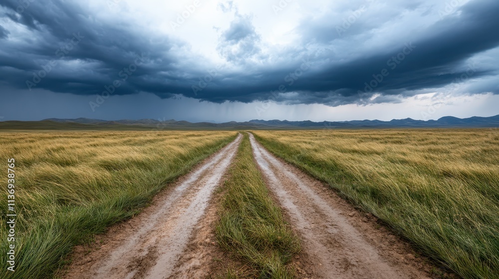 Massive storm clouds form above a straight grassy path, creating a powerful image of nature's fury and the contrasting serenity of the untouched open landscape. Massive storm clouds form above a straight grassy path, creating a powerful image of nature's fury and the contrasting serenity of the untouched open landscape.