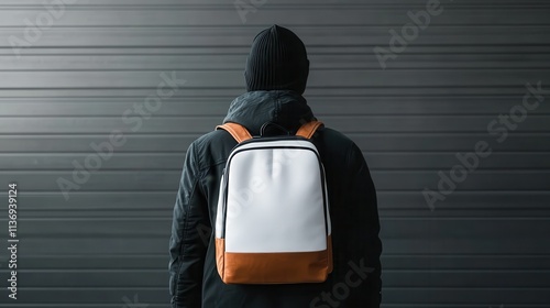 Here is a person clad in dark outerwear with a two-tone backpack, standing in an urban setting suggesting individuality and contemporary trends in fashion and travel. photo