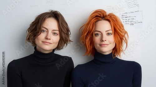 This image captures an intimate portrait of two women with different hairstyles and colors, conveying unity and diversity, against a simple background. photo