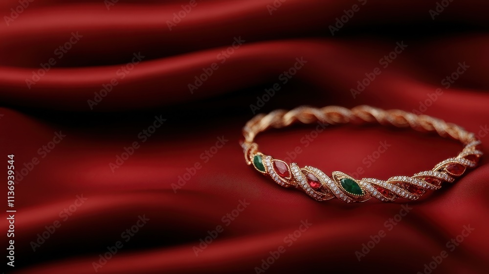A beautiful gold bracelet adorned with emerald and ruby stones, elegantly placed on rich red silk, exuding luxury and sophistication in a glamorous setting. A beautiful gold bracelet adorned with emerald and ruby stones, elegantly placed on rich red silk, exuding luxury and sophistication in a glamorous setting.