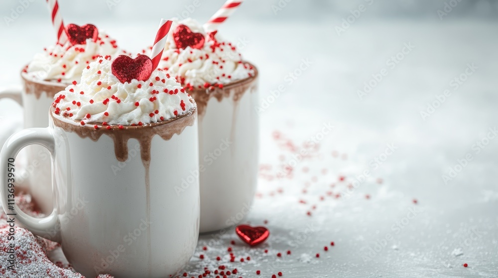 Festive mugs brimming with hot chocolate, garnished with a generous amount of whipped cream and embellished with heart-shaped decorations, perfect for celebrations. Festive mugs brimming with hot chocolate, garnished with a generous amount of whipped cream and embellished with heart-shaped decorations, perfect for celebrations.