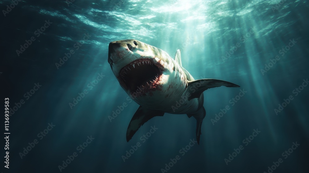 Obraz premium A large great white shark emerges from the ocean depths, its mouth open wide, showcasing the raw power and beauty of this apex marine predator in its natural habitat.