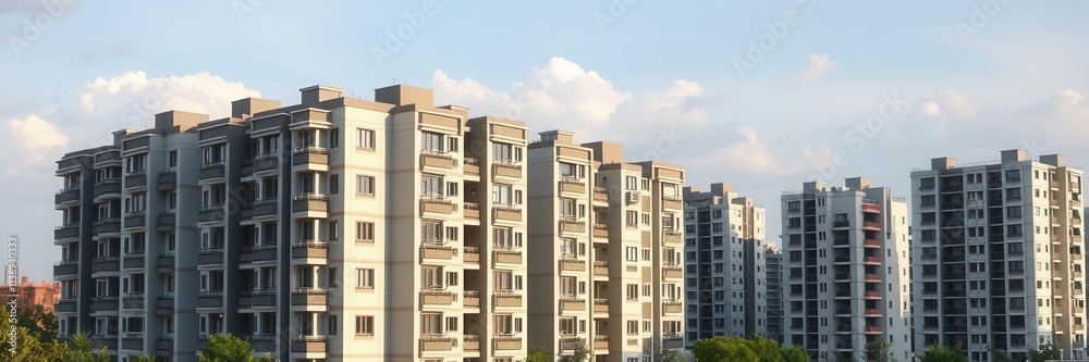 Aerial view of a sleek and contemporary module apartment block, building, architecture Aerial view of a sleek and contemporary module apartment block, building, architecture