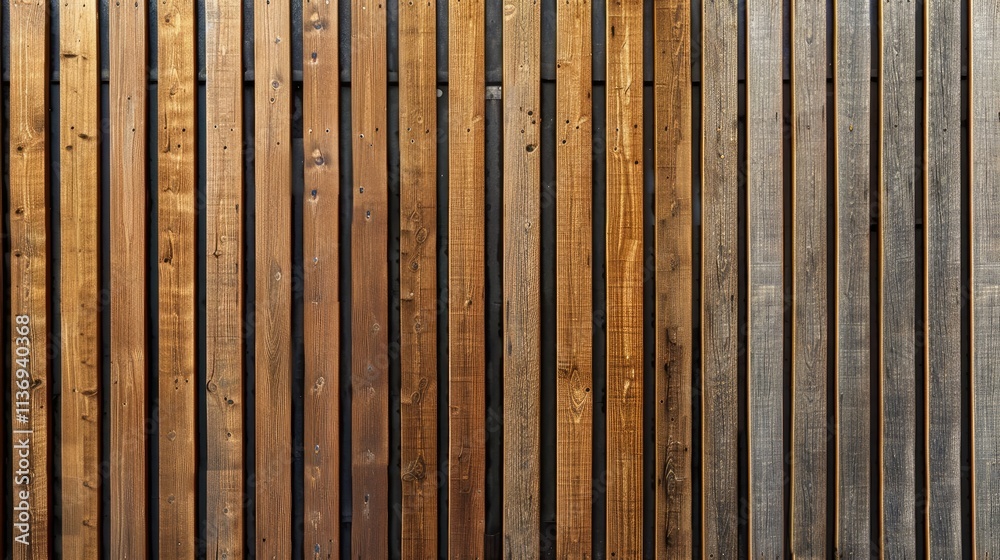 A wooden fence featuring alternating light and dark planks for aesthetic appeal.