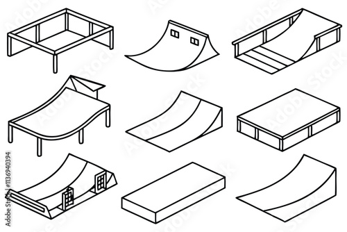 Skatepark with ramps line art drawing