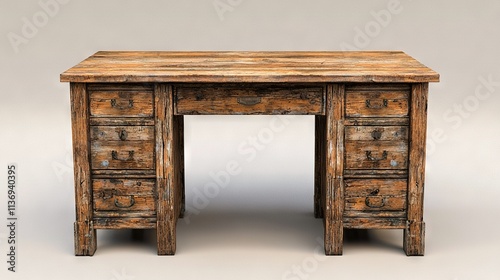   A wooden desk features two drawers, one on each side