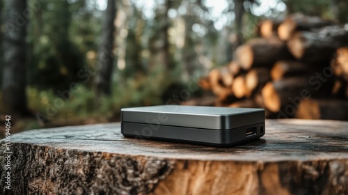 A sleek compact charging device rests on a wooden stump amidst a forest setting, symbolizing innovation and connection with nature in a tranquil environment. photo