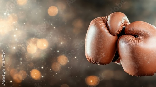 An evocative image featuring two boxing gloves against a backdrop of bokeh lights, blending themes of sport, artistry, and the fusion of action and beauty. photo