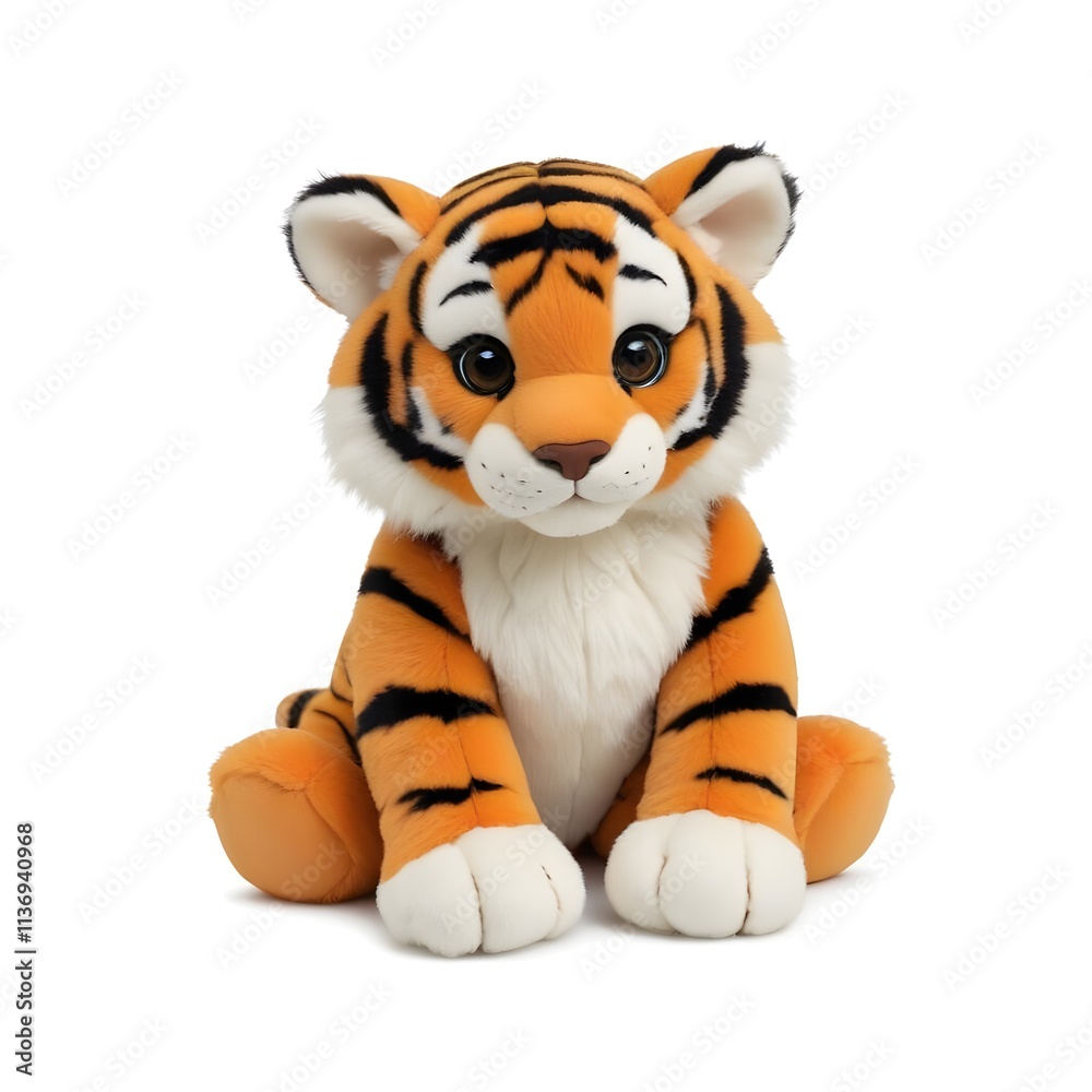 A plush toy of a young tiger with orange and black striped fur, sitting upright and looking directly at the camera A plush toy of a young tiger with orange and black striped fur, sitting upright and looking directly at the camera