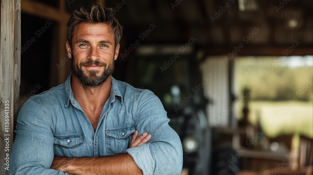 A bearded man in a blue denim shirt smiles confidently while standing in a rustic barn, radiating charm, warmth, and a sense of relaxed confidence and style. A bearded man in a blue denim shirt smiles confidently while standing in a rustic barn, radiating charm, warmth, and a sense of relaxed confidence and style.