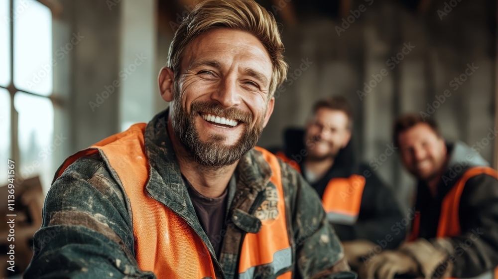 A cheerful construction worker, wearing an orange safety vest, smiles confidently, embodying teamwork and dedication on an active construction site. A cheerful construction worker, wearing an orange safety vest, smiles confidently, embodying teamwork and dedication on an active construction site.