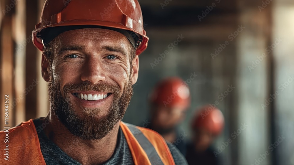 A cheerful bearded construction worker in an orange helmet and safety vest looking directly at the camera, with colleagues faintly visible in the background on a site. A cheerful bearded construction worker in an orange helmet and safety vest looking directly at the camera, with colleagues faintly visible in the background on a site.
