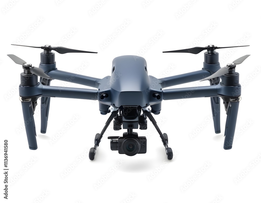 A black drone with four propellers and a camera mounted on the front A black drone with four propellers and a camera mounted on the front