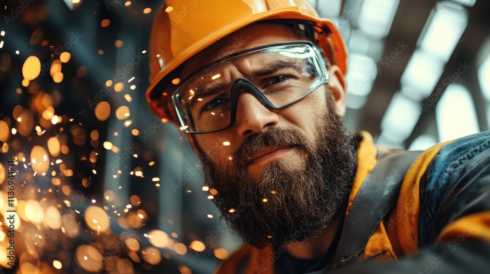 A determined worker focuses intently as sparks fly around, wearing protective goggles and a hard hat, in a busy industrial workshop full of activity.