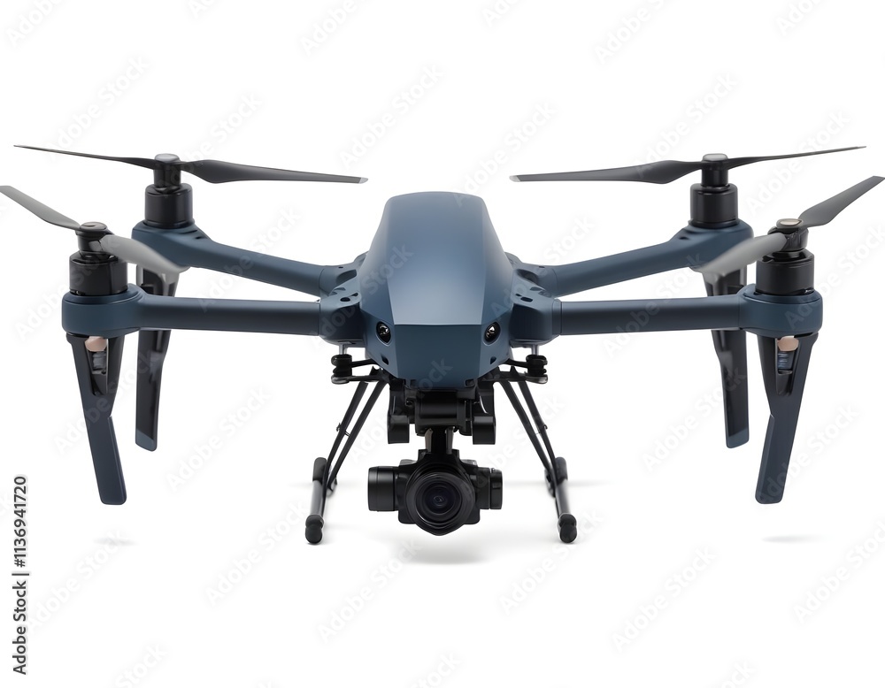 A black drone with four propellers and a camera mounted on the front A black drone with four propellers and a camera mounted on the front
