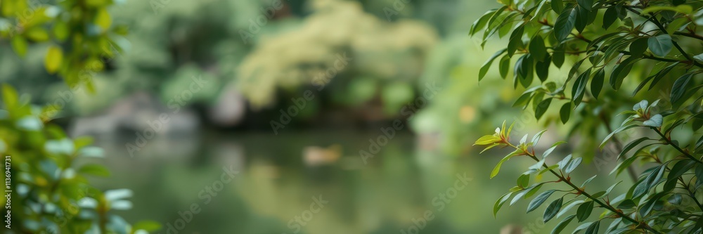 Blurred image of serene natural background with water and lush plants, natural beauty, zen Blurred image of serene natural background with water and lush plants, natural beauty, zen