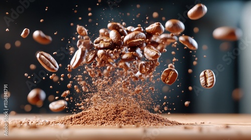 Suspended coffee beans above a table, creating a dynamic and artistic composition, emphasizing movement and texture, ideal for depicting modern coffee culture. photo