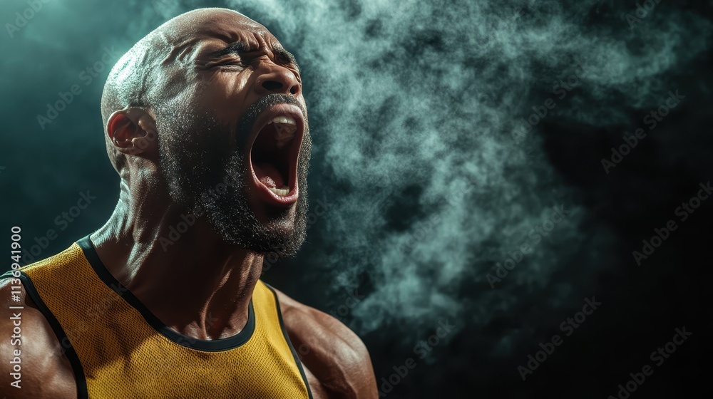 A man in a yellow sports tank top screams passionately, his expression conveying raw emotion and energy, with vapor or mist swirling around his mouth. A man in a yellow sports tank top screams passionately, his expression conveying raw emotion and energy, with vapor or mist swirling around his mouth.