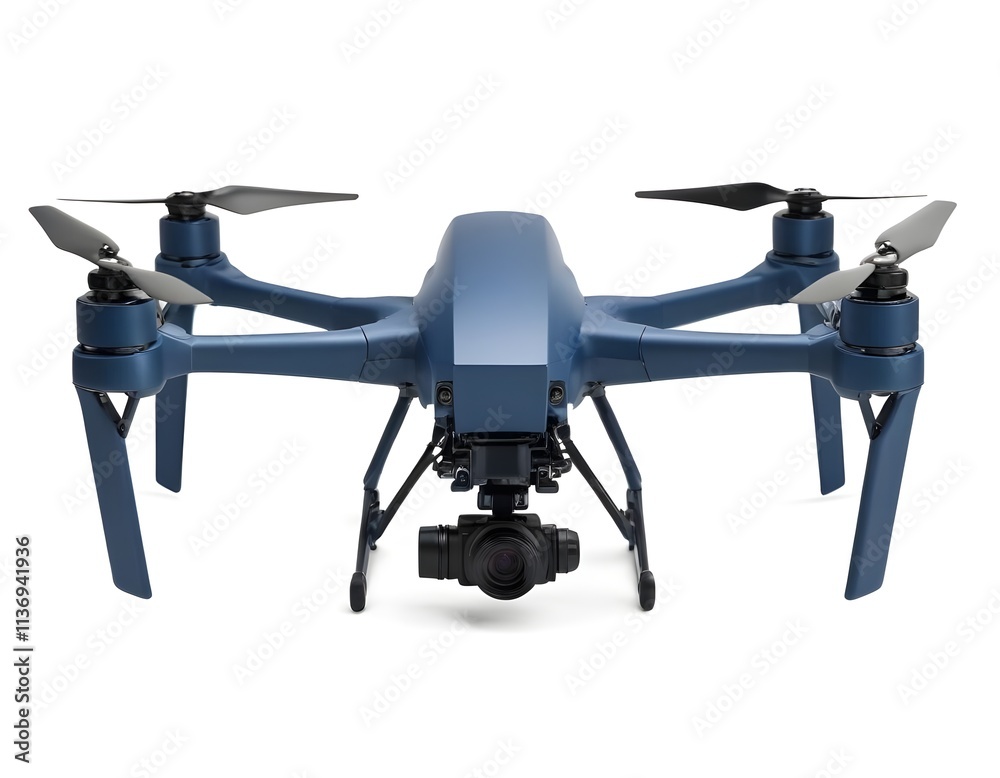 A blue drone with four propellers and a camera mounted on the front A blue drone with four propellers and a camera mounted on the front