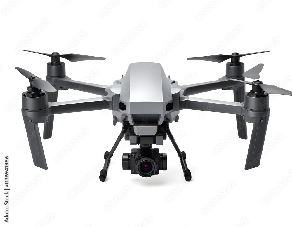 A silver drone with four propellers and a camera mounted on the front A silver drone with four propellers and a camera mounted on the front