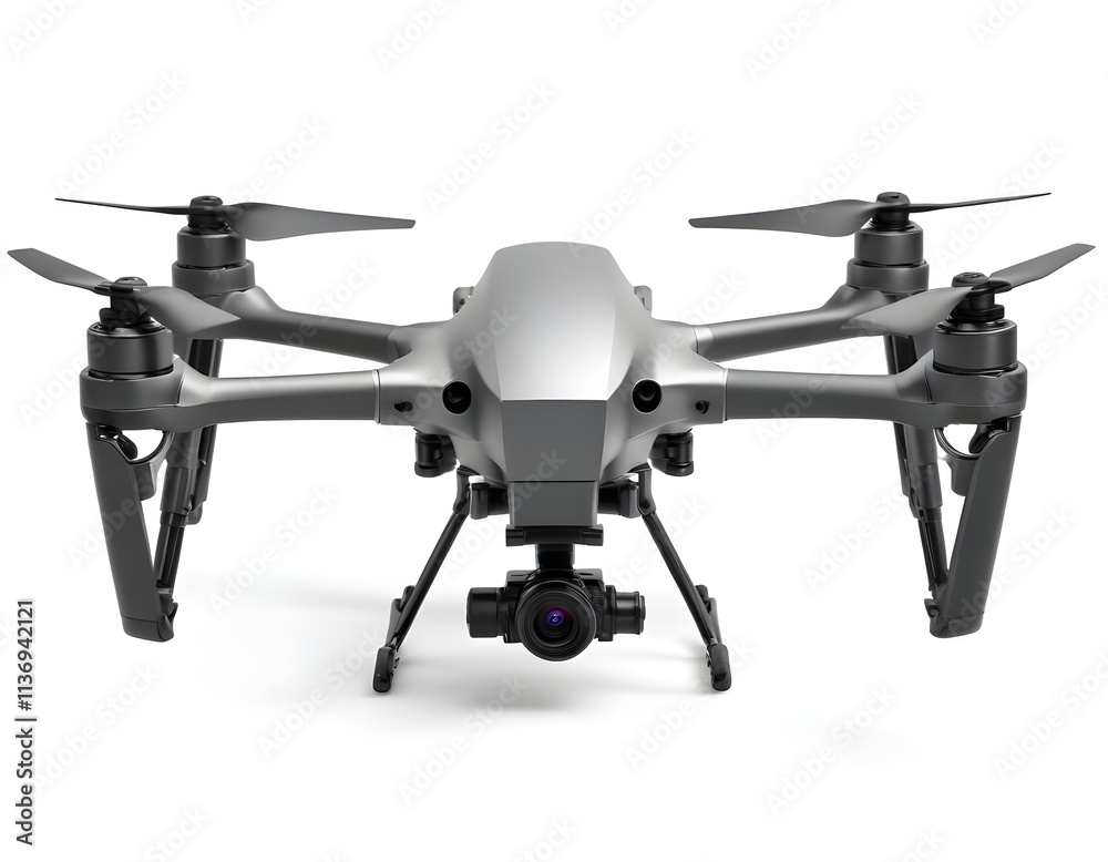 A silver drone with four propellers and a camera mounted on the front A silver drone with four propellers and a camera mounted on the front