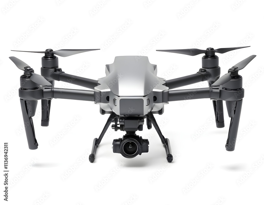 A silver drone with four propellers and a camera mounted on the front A silver drone with four propellers and a camera mounted on the front