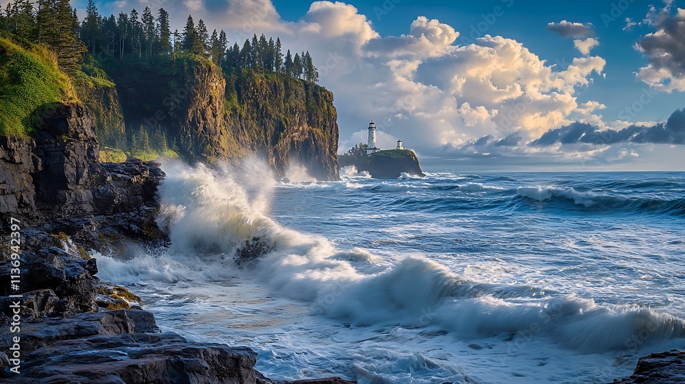 Dramatic Ocean Waves Crashing Against Coastal Cliffs With Lighthouse Dramatic Ocean Waves Crashing Against Coastal Cliffs With Lighthouse