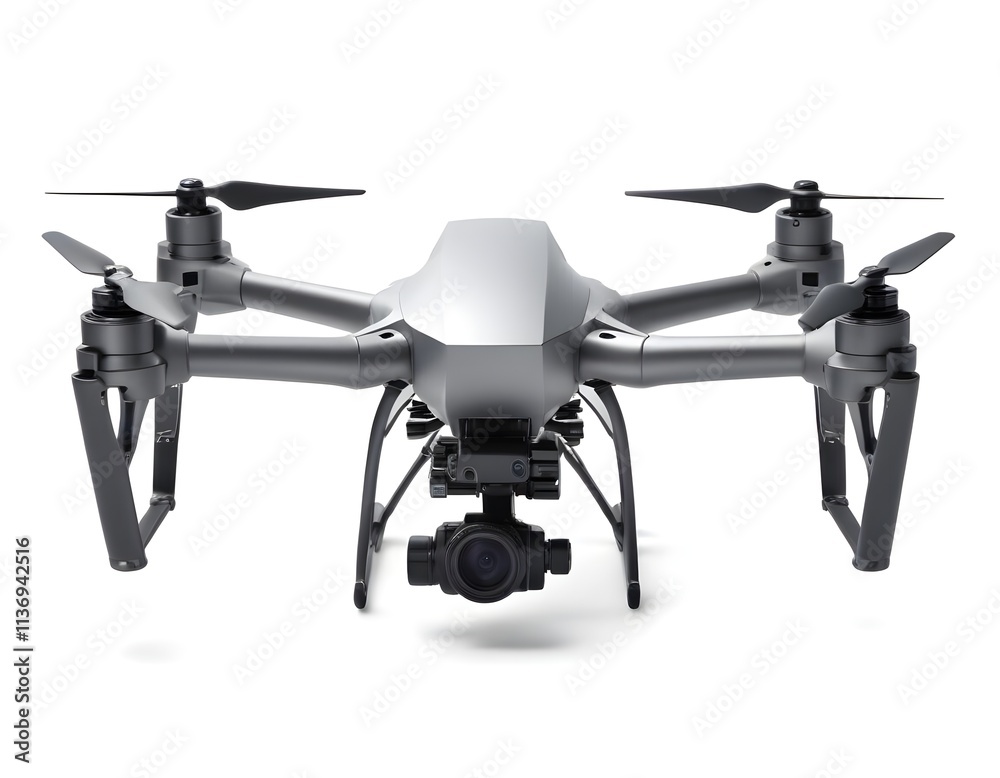 A silver drone with four propellers and a camera mounted on the front A silver drone with four propellers and a camera mounted on the front