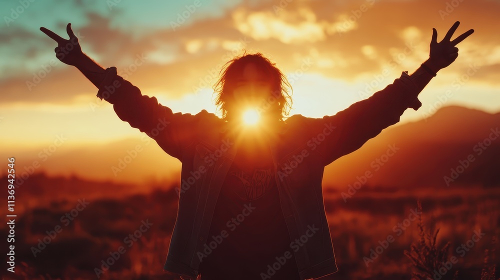 A silhouetted person displaying peace and triumph with arms stretched against a breathtaking golden sunset, capturing an overwhelming sense of contentment and joy. A silhouetted person displaying peace and triumph with arms stretched against a breathtaking golden sunset, capturing an overwhelming sense of contentment and joy.