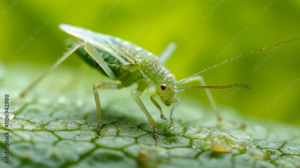 Green bug is on a leaf. It has a long antennae. The bug is eating something Green bug is on a leaf. It has a long antennae. The bug is eating something