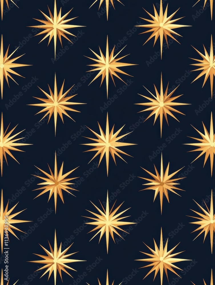 Fototapeta premium Golden stars radiate joy and elegance on a rich navy background, creating a vibrant and captivating seamless pattern perfect for various designs. Generative AI