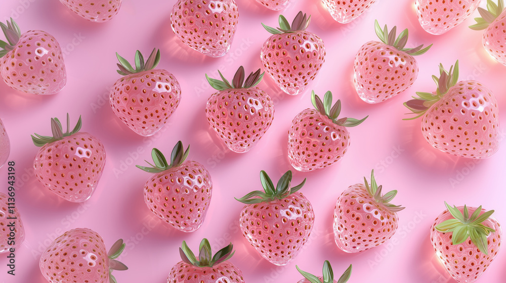 Top view of transparent glass strawberries with green leaves arranged in a seamless pattern on a pink background. Concept of creativity, modern design, and summer freshness.