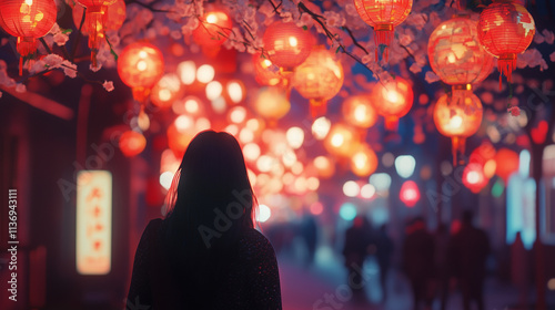 Chinese lanterns illuminate the street at night, Chinese New Year, Lantern Festival 