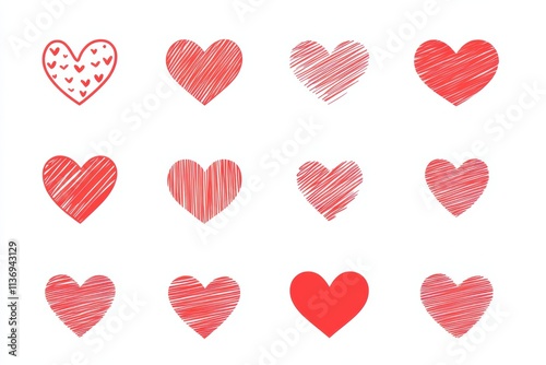 A delightful array of hearts symbolizing love and romance, perfect for celebrating Valentine's Day. Each heart features unique patterns, showcasing the diversity of love expressions.