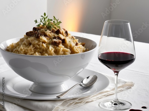 Decadent truffle risotto in polished ceramic bowl with wine photo