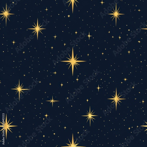 Golden stars twinkle playfully over a deep blue background, creating a mesmerizing seamless pattern that captures the essence of night. Generative AI