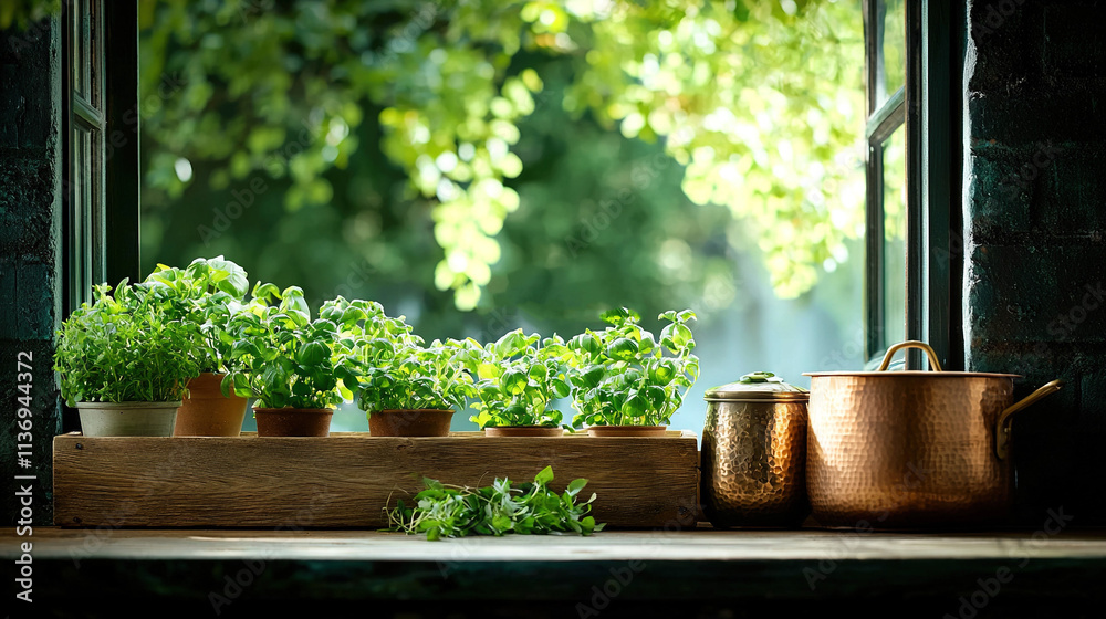 A windowsill brimming with pottered greenery sits alongside a potted plant perched atop it A windowsill brimming with pottered greenery sits alongside a potted plant perched atop it