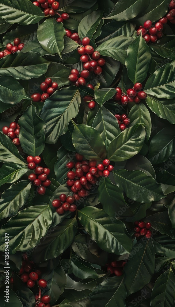 Stunning close up of ripe red coffee berries and vibrant green leaves in peak growth stage Stunning close up of ripe red coffee berries and vibrant green leaves in peak growth stage