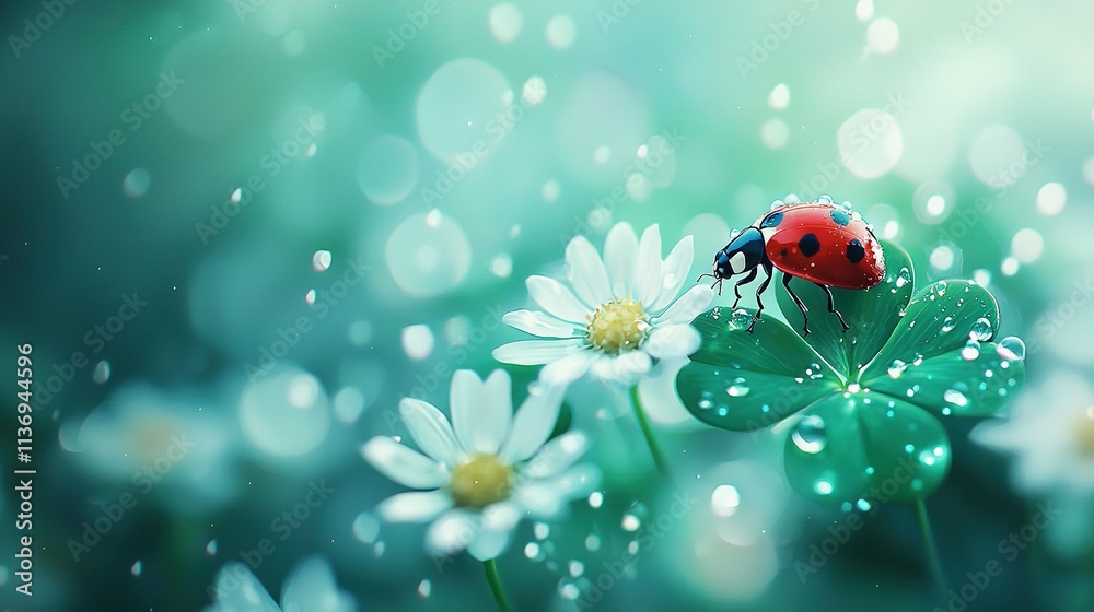 Obraz premium Ladybug perched atop verdant leaf, adjacent to blossom laden with water droplets
